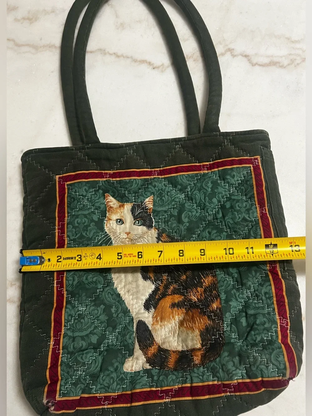 Vintage Hand Quilted Multi Color Open Top Tote Bag Calico And Tabby Cat Fabric